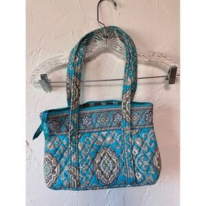 Vera Bradley Quilted Tote Bag Teal Medallion Pattern Zip Top Shoulder Bag